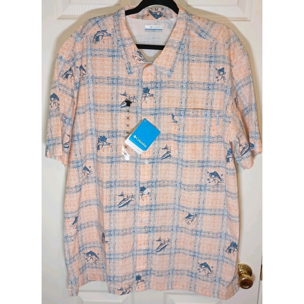 NWT Columbia PFG AOP Fish Print Plaid Vented Fishing Shirt Men's XXL